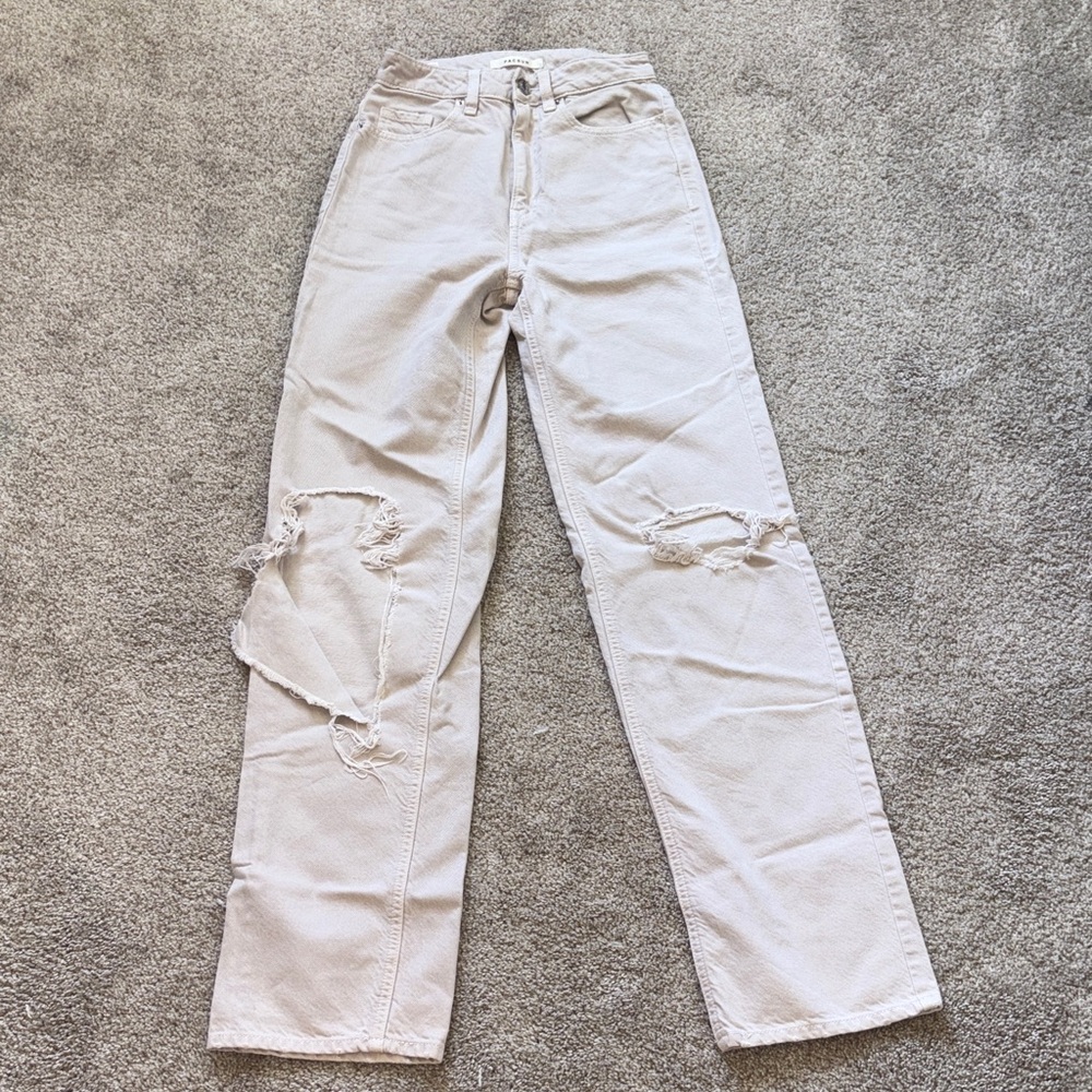 PacSun Cream Distressed Straight Leg Jeans